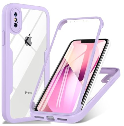 JYNCHDZ for iPhone XS Case iPhone X Built-in Screen Protector Shockproof TPU Bumper Clear Hard PC Shell 360 Full Body Protection Slim Fit Transparent Rubber Cover, Purple