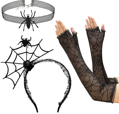 SSKHE 3 Stück Damen Halloween Stirnbänder mit Halsketten und Handschuhen Spinnen Netz Spinnen Stirnband für Halloween Cosplay Karneval Party