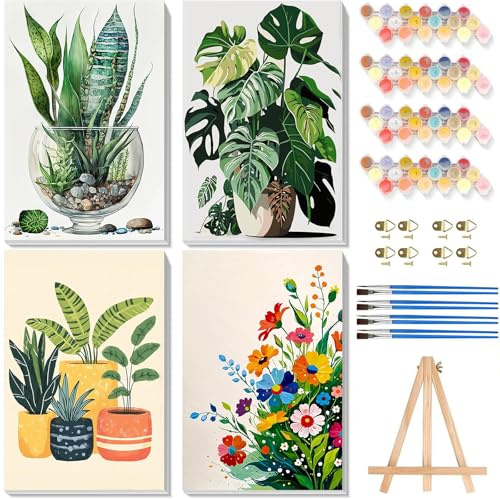 4 Pack Plant Paint by Numbers for Adults with Framed Canvas & Wooden Easel | Easy Flowers Painting by Number Kit Beginners on Canvas, Acrylic Oil Painting with Brushes for Home Wall Decor (8x12 inch)
