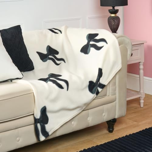 OHS Christmas Blanket Bow Print, Bow Gifts for Women Throws for Sofas Bed Settee Xmas Decorations Fleece Blanket Soft Warm Cosy Christmas Throw Fluffy Single Bed Throw, Monochrome - 120 x 150cm