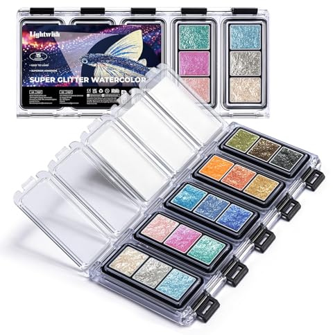 LIGHTWISH 15 Farben Super Glitzer Aquarellfarben Set | Metallic & Perlmutt-Effekt für Kunst, Basteln & Illustration | Einfach zu befeuchten, Haftstark & Schnell Aktivierbar auf Papier