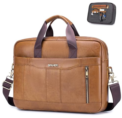 SPAHER Cartable Homme Cuir Malette Sacoche Ordinateur Homme 15,6 Pouces Sacoche Travail Business Besace Sac Porte Document Sacs à Main Bandoulière Messenger Bag pour Affaire Voyage