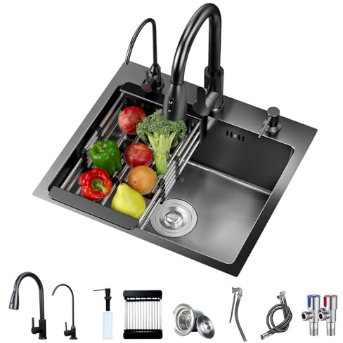 Küche Waschbecken, Schwarzes Drop-in Spülbecken, Edelstahl Single Bowl Waschbecken, Wasserhahn Combo Set, Ecke Küche Workstation (schwarz)