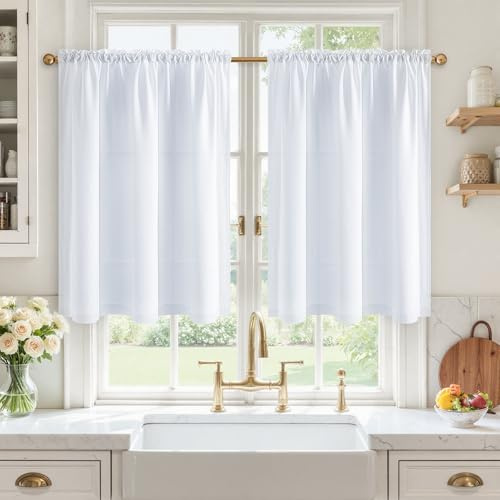 MRTREES Scheibengardinen Weiß Leinenoptik Halbtransparent, Küchengardinen Modern Fenstergardinen für Küche Küchenfenster Wohnzimmer Landhausstil, Bistrogardine 2er Set H 90 x B 60 cm