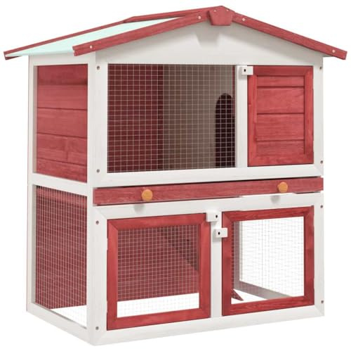 Kaninchenstall Freilaufgehege Kaninchen,Kaninchenstall 3 Türen Rot Holz,Kleintierstall Perfekt für Draußen und Drinnen