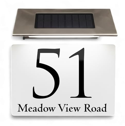 Personalised Solar LED House Number Sign Aluminium White 200x130mm | Solar powered LED for night visibility. 3mm weatherproof aluminium composite. Fully weatherproof for outdoor use. Custom