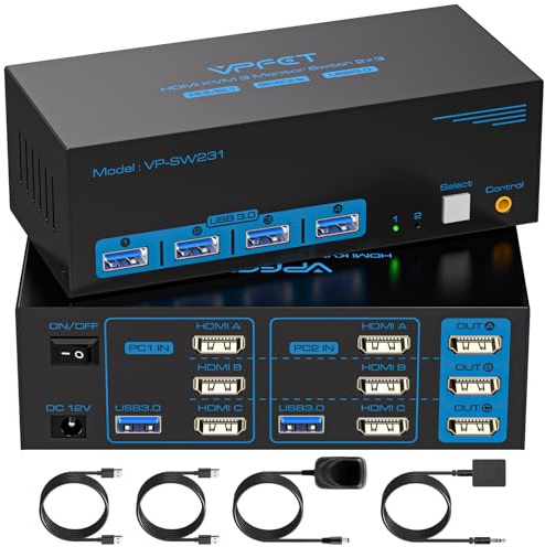 TIGKTING 4K120Hz HDMI KVM Switch 3 Monitors 2 Computers 8K@60Hz Support | 4 Port USB3.0 KVM Switches for 2 Computers Share Keyboard, Mouse and more DC 12V Adapter Wired Controller Included