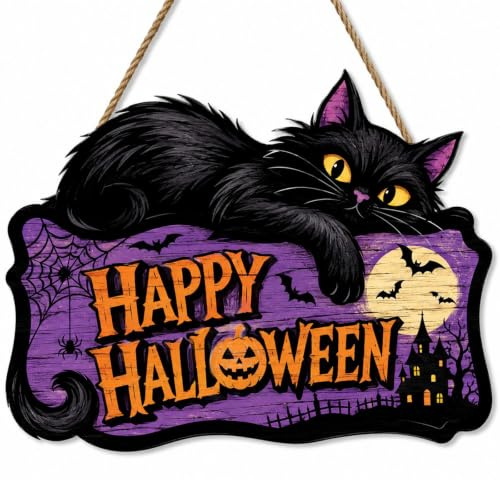 Halloween Türdeko aus Holz, Retro Haustür Schild Katze Deko - 1 Stück | Holzschild ca. 30cm mit Katze Motiv, ideal als halloween deko haustür und urige türdeko halloween für Ihr Heim.