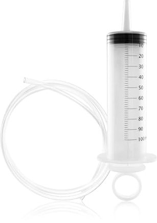 100ml Kunststoff-Spritze mit 80cm Schlauch. Als Dosierspritze, Saugspritze, Ölspritze oder zum Befüllen von Motoröl, Getriebeöl, für Agrar, Garten, Hobby und Heimwerk