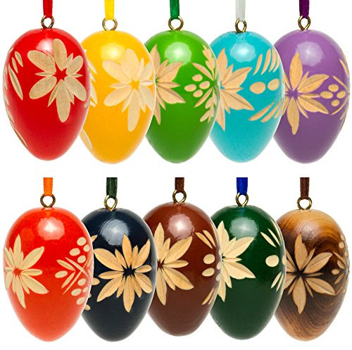SIKORA OD01 10er Set Holz Deko Ostereier mit geschnitzten Ornamenten gemischte Farben, gemischte Farben, Höhe 5.7 cm, Eier aus Lindenholz für Ostern