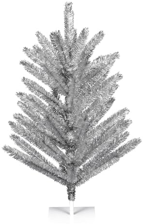 Vickerman 4' x 35 Vintage Aluminum Artificial Christmas Tree with 55 PVC Pull Down Branches, Unlit, Features Brilliant PVC Tips, Includes Flat Metal Base