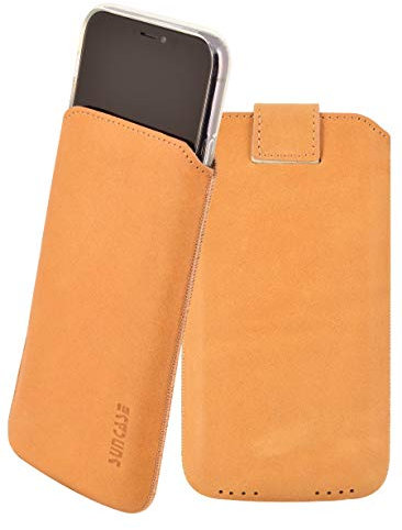 Suncase ECHT Leder Tasche kompatibel mit iPhone 11 Pro Max (6.5) mit ZUSÄTZLICHER Transparent Hülle | Schale | Silikon Bumper Handytasche (mit Rückzugsfunktion und Magnetverschluss) in antik-Camel