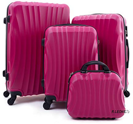 R.Leone Valigia da 1 pezzo Fino a Set 4 Trolley Rigido grande, medio, bagaglio a mano e beauty case 4 ruote in ABS 2037 (Fucsia, Set 4 XS S M L)