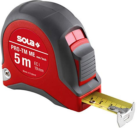SOLA Bandmaß - PRO-TM ME - 5m / 19mm - robustes Profi-Rollbandmaß mit Gürtelclip - Stahlband, gelb mit mm/inch Skala - Genauigkeitsklasse I - Rollmeter mit beweglichem Endhaken - Länge 5m/19mm