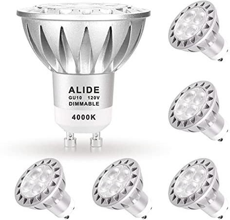 ALIDE GU10 Led Bulbs 4000K Dimmable Natural White,25W 35W 50W Equivalent, AC120V 5W Dimmable GU10 Led Spotlight Track Light Bulbs,450LM,38 Degrees,6Pack