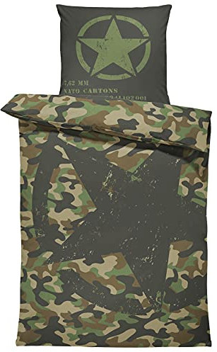 one-home Bettwäsche 135x200 cm und 80x80 cm Mikrofaser Garnitur Bettbezug Fotodruck Set, Farbe:Camouflage grün, Größe:4 teilig 135x200 cm