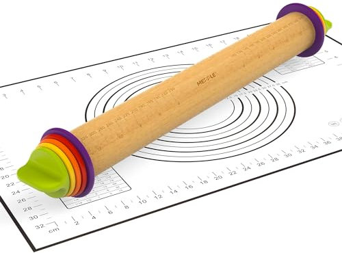 Mepple Einstellbares Nudelholz mit Dicke Ringe und Gebäck Backmatte, 34,5cm Holz Teigroller Perfekt zum Backen von Keks Pizza