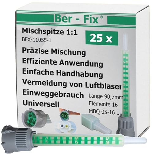 Ber-Fix 25x Statikmischer 1:1 MBQ 05-16L B-System für 2K-Epoxidharz, Zweikomponentenkleber-Mischrohr, Effiziente Mischung bei 2K Kleber