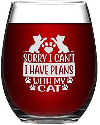 Sorry I Can't I Have Plans with My CAT Wine Glasses Funny Stemless Wine Glass Laser Engraved Whiskey Glass Shot Glass Unique Novelty Idea for Him, Her, Mom, Wife, Boss,15 oz