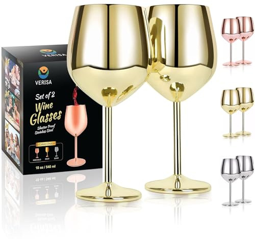 VERISA Weingläser mit Edelstahlstiel, 530 ml, unzerbrechlich, goldfarben, 2er-Set, bruchsicheres Weinkelch-Set aus Stahl, für den Außenbereich, Rotweinglas, Metall, Weinkelch, Love is Blind
