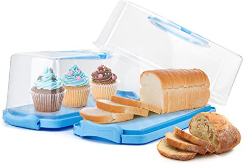 HOYA PONYOO Paquete de 2 paneras rectangulares de plástico con tapa transparente, contenedor de almacenamiento portátil con asa (azul)