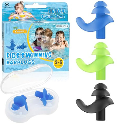 Hearprotek 3 Pares Tapones para los Oídos para la Natación, Reutilizable Niños Impermeable Tapones para los Oídos para Nadar Bañarse Surf y Otros Deportes Acuáticos (Negro/Verde/Azul)