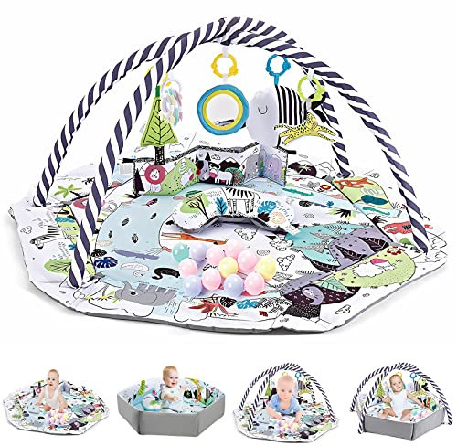 TFDER Baby Spieldecke mit Spielbogen,Multifunktionsspielbogen für Neugeborene mit 7 abnehmbaren sensorischen Spielzeugen,Krabbeldecken für Babys und Kinder ab 0+ Monaten(Weiß-Grau)