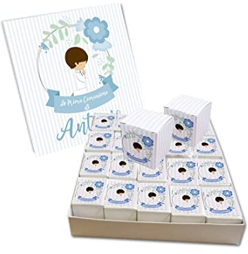 Scatola Box bomboniere cubetto Personalizzabile vassoio torta porta confetti Grafica ed evento a scelta per nascita battesimo bimbo con confetti e bigliettini (Prima Comunione Bimbo Celeste)