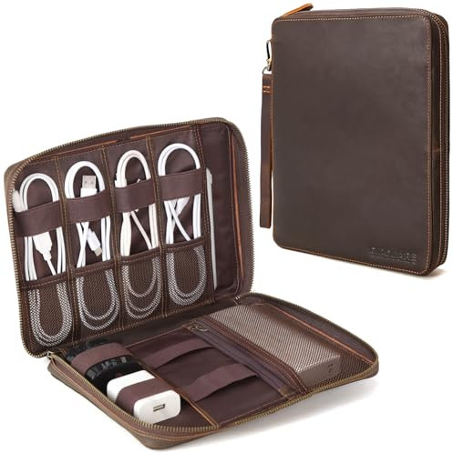 Polare Reise-Kabel-Organizer aus Vollnarbenleder, Elektronikzubehör, Tragetasche mit YKK-Reißverschlüssen, Tech-Aufbewahrungstasche für Kabel, Powerbank, USB, SD-Karte, Reiseutensilien, Dunkelbraun,