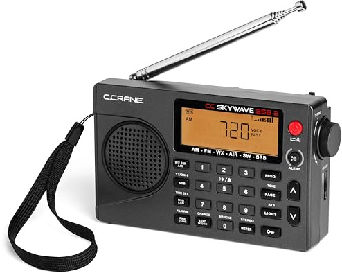 C. Crane CC Skywave SSB 2 AM, FM, onde corte, NOAA Weather + Alert, banda di aviazione VHF scansionabile e bande laterali piccole radio portatili a batteria da viaggio include adattatore antenna SW