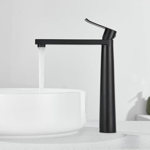 DETBOM Hohe Waschtischarmatur Schwarz (245mm) – Einhebelmischer für Aufsatzwaschbecken, Edelstahl Keramikventil, Kalt/Warmwasser mit Anschlussschlauch (Einfache Montage)