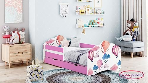 Happy Babies MOBI - Kinderbett 180 x 90 | Kinderbett mit Rausfallschutz & Bettkasten | Jugendbett mit farbigem Aufkleber | Bett mit Matratze 90x180 | Kinder-Bett für Mädchen & Jungen (M01)