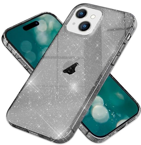 NALIA Glitzerhülle für iPhone 15 - Hülle, Schwarz | Reflektierende Partikel im Material verschmolzen, Geschmeidige Oberfläche, Erhöhte Kanten an Kamera und Display