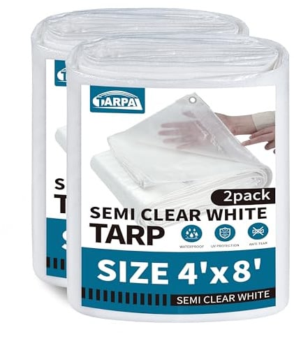 Lona blanca semitransparente impermeable de 4 x 8 pies con ojales, cubierta de plástico de polietileno transparente de 7.5 mil para jardinería, granja, jardín, gallineros, al aire libre
