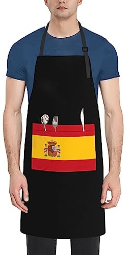 Oudrspo Delantal de la bandera de España ajustable impermeable con bolsillos babero cocina delantales para hombres mujeres chef delantales