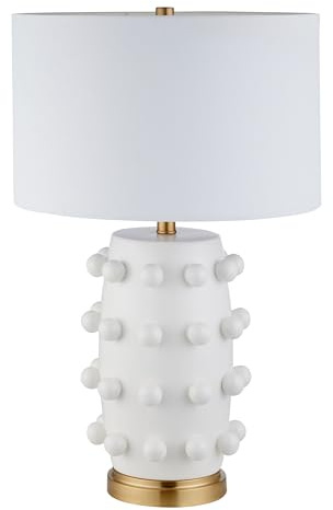 Henn&Hart 25.5'' Modern 1-Light Ceramic Table Lamp with Spherical Orbs on Lamp Body with White Fabric Drum Shade for Living Room, Bedroom, or Office, Matte White