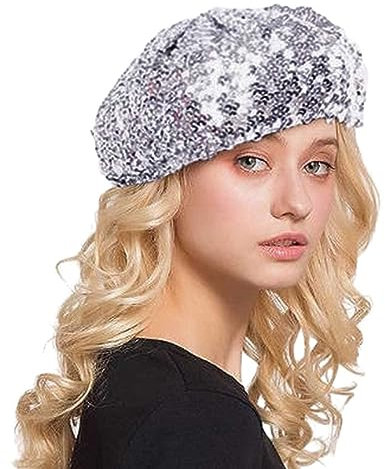 Pdakieyxnd 2024 Hippie Accessoires Damen Baskenmütze Mit Glitzernden Pailletten Glänzende Mädchen Mütze Glitzernde Glänzende Tanzhüte Fasching Accessoires Clubwear Cosplay(03 Silver)