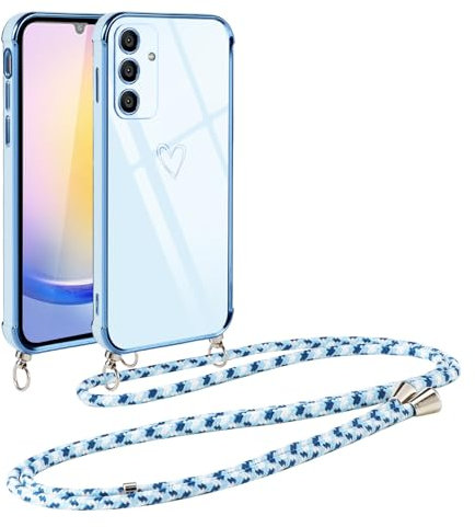 Vauki Coque pour Samsung Galaxy A25 avec Cordon de Collier, Galvanisé Etui Housse avec Motif Coeur d'amour, Antichoc Anti-Rayures Case avec Bandoulière pour Samsung A25 6.5, Bleu