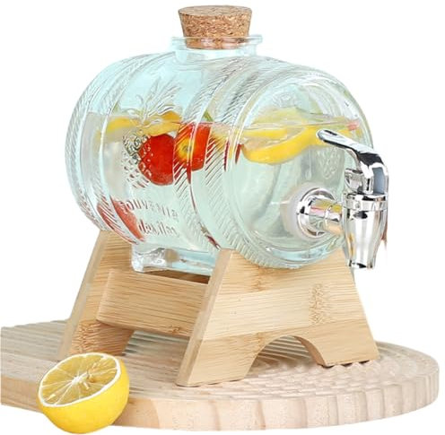 FURLOU Distributeurs de Boissons glacées 1L/3L/5L, Distributeur de Boissons en Verre avec Robinet et Support, Support Anti-Fuite, bocaux en Verre Transparent, Distributeur de Boissons Froides 5L