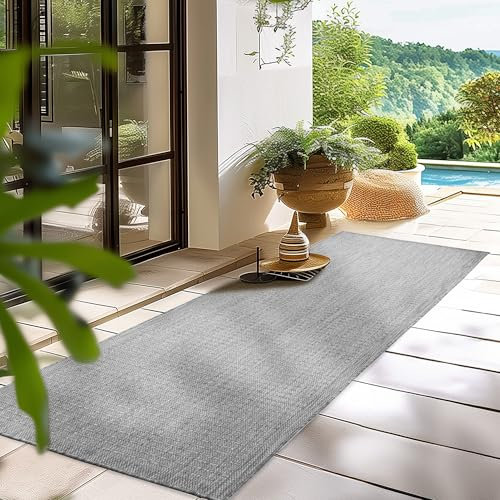HomebyHome Outdoor-Teppich Flachgewebe Wetterfest Einfarbig Grau Küchenteppich, Balkon Terrassen Garten Wohnzimmer Teppich 80 x 150 cm