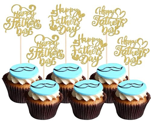 Xsstarmi 24 Pack Happy Father's Day Cupcake Toppers Gold Glitter Love Daddy Best Father Cupcake Picks Decorations for Happy Father's Day Dad Birthday Party Cake Decorations