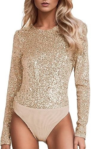 Pailletten Body Damen Elegant Elegant Silvester Langarmbody Blusenbody Lang Stretch Long Sleeve Body Bodysuit Party Langarm Stringbody Tops Karneval Kostüm Bodysuit Tanz-Body Shapewear Formende