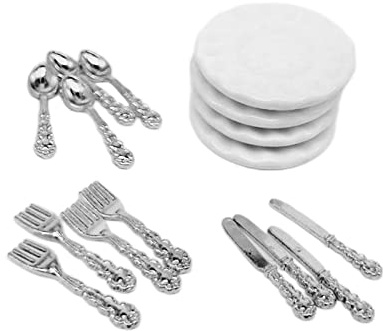 EHJRE Assiette en Porcelaine Miniature pour Maison de Poupée, Décoration avec Couverts, 1/12, Argent