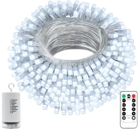 DBFAIRY Christmas String Lights, 20M 200 LED Fairy Lights Battery Outdoor with Remote 8 Modes Christmas Tree Lights String for Garden Patio Wedding Party Decorations (Cool White)
