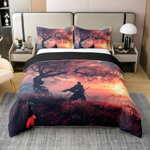 Homewish Coton Samouraï Japonais Housse de Couette 220x240,Sakura Arbre Japonais Parure de Lit,Coucher de Soleil Sakura Literie Set,Pétales Orange Rose Couvre Lit