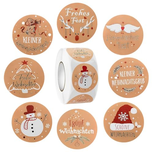 500 Stück Aufkleber Weihnachten, Rund Frohe Weihnachten Sticker, Vintage Selbstklebend Etiketten, Kraftpapier Weihnachtsaufkleber auf Rolle, für Geschenkverpackungen Party Umschlag Dekoration (2.5cm)