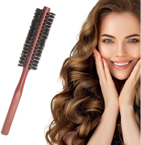 NJCXOLA Wildschweinborsten-Haarbürste, Kleine Mini Rundbürste zum Föhnen Roll-Haarbürste mit natürlichem Holzgriff,Lockenbürste für Frauen,Bartbürste für Männer (Braun)