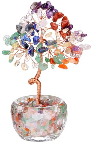 JSDDE Décoration Arbre de Vie en Pierre Naturelle d'Énergie,Base Verre coloré Rond Feng Shui l'arbre de l'argent,Cristal Guérison Méditation Reiki Table Décor Hauteur 13 à 14CM (7 Chakra)