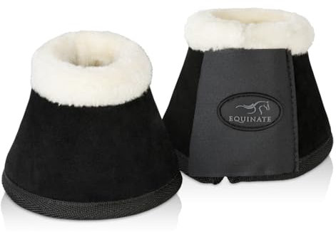 Equinate Hufglocken Sunville mit Wildleder überzogen und synthetischem Lammfell XXL Schwarz - Robuste und stoßdämpfende Springglocken - Hufschutz für Training und Turniere - 2er Set