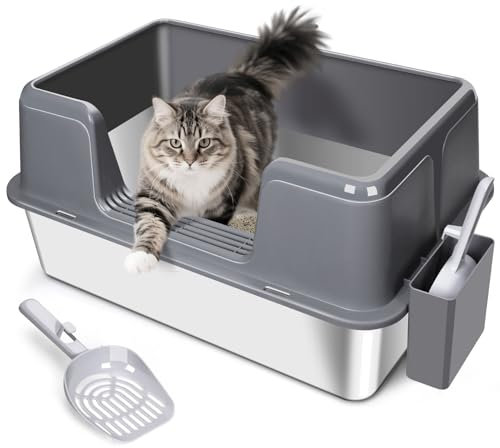 HEVOL Katzenklo Edelstahl, Große Kapazität Katzentoilette Edelstahl XXL, Geruchsresistent Katzenklo Groß mit Katzenstreuschaufel & Anti-Rutsch Matte, 60 L x 40 W x 31,5 H cm, Grau